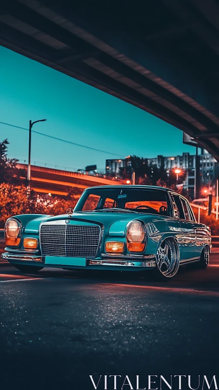 Neon-lit classic sedan under urban overpass, digital stylization.