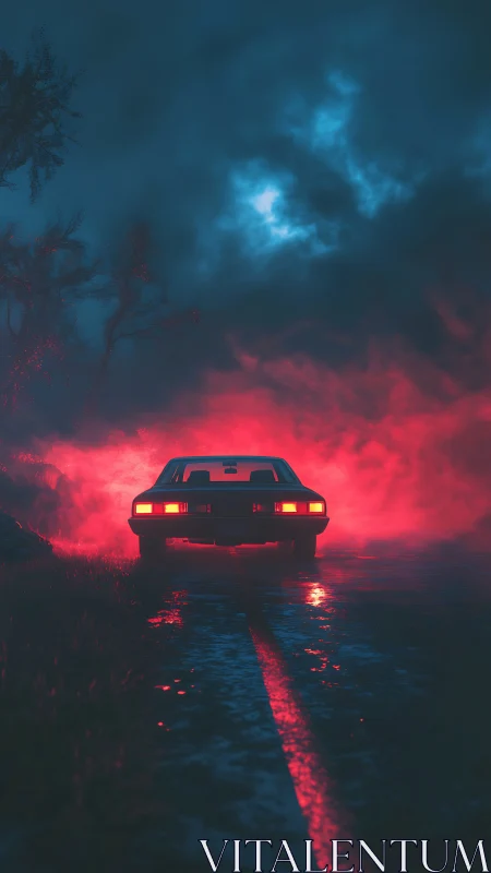 Retro car in neon fog on moody wet night road.