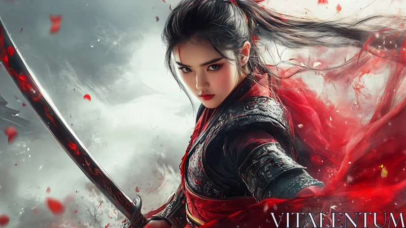 Female warrior with sword in red armor amid swirling petals.