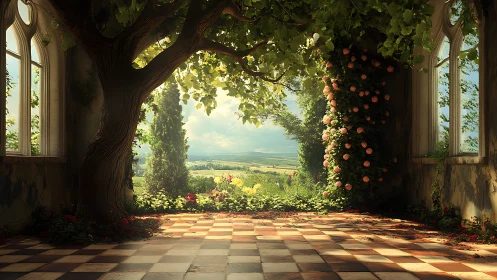 Sunlit ruin with tree portal overlooking pastoral valley