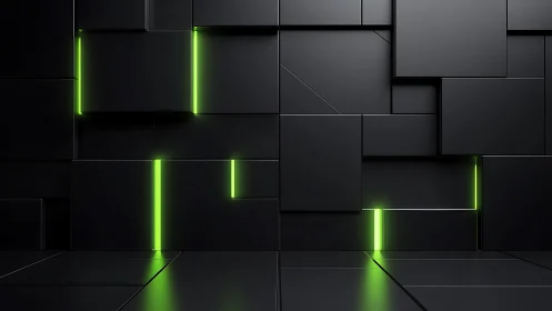 Geometric black wall with neon green glowing vertical light lines.