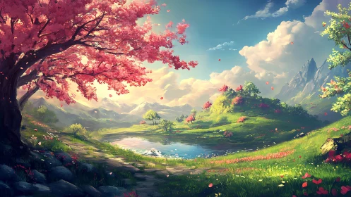 Blossom-laden valley pauses while light kisses the quiet lake