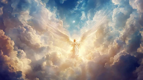 Celestial angelic figure radiating light within luminous clouds.