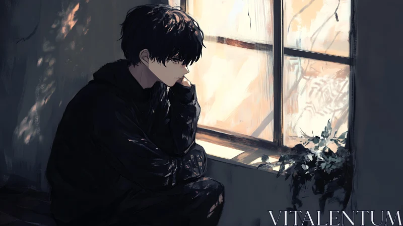 Melancholic youth in soft window light, painterly anime study.
