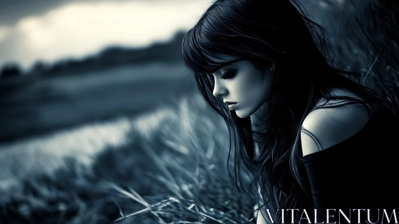 Side-profile portrait of woman seated in tall grass at dusk.