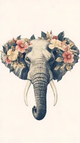 Elephant head illustration with floral wreath on neutral background.