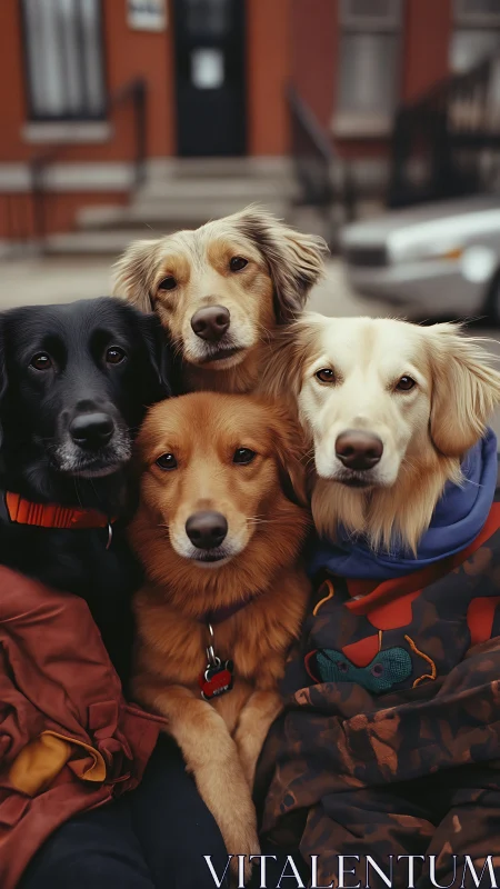 Four urban dogs pose closely in shallow-depth street portrait