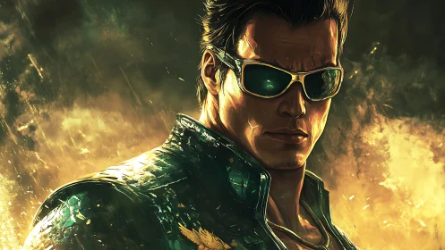 Tough sunglasses hero in glowing green leather jacket.