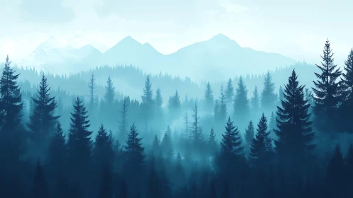 Misty Mountain Landscape with Layered Coniferous Forest