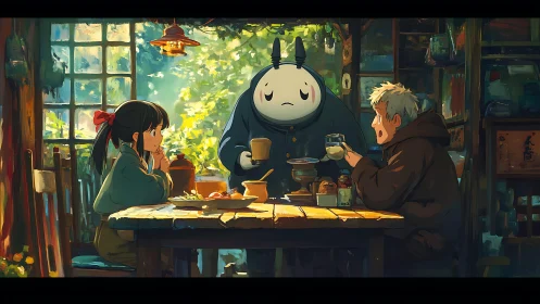 Forest café guardian quietly hosts a cozy, enchanted breakfast