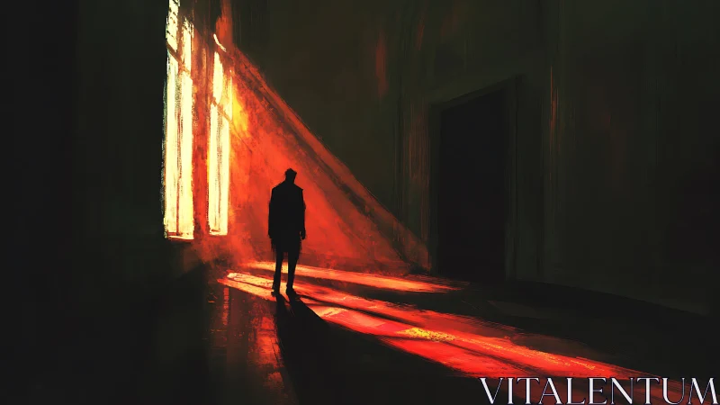 Silhouette in red light beside tall window in dark room.