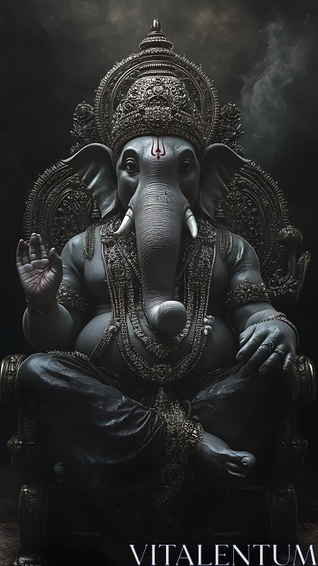 Elephant-headed deity settles into shadowed cosmic throne