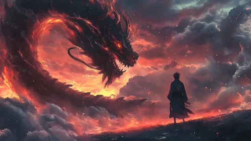 Lone warrior confronts colossal fire dragon in storm sky