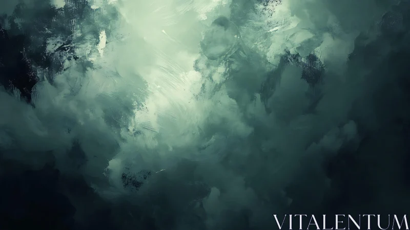 Abstract misty clouds digital painting in cool green tones.