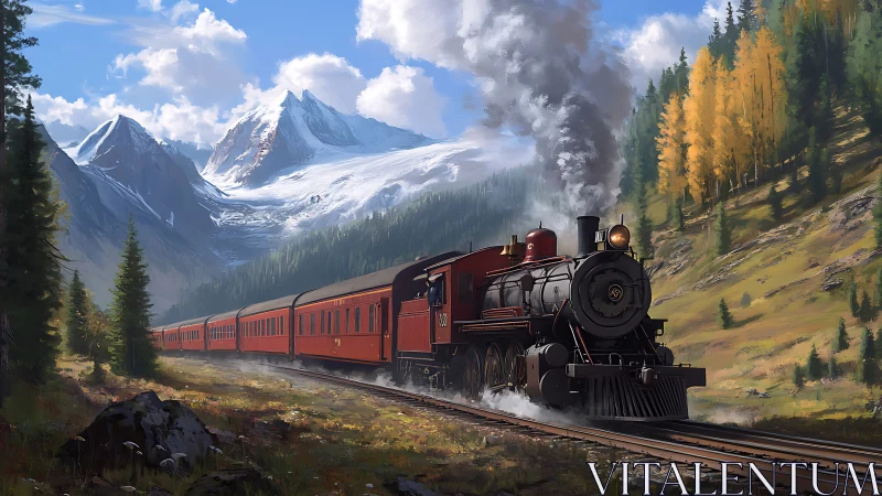 Red mountain train rolls gently through a bright alpine valley
