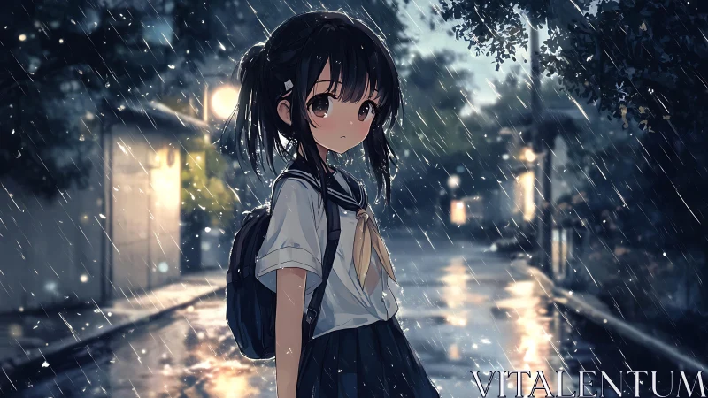Rain-soaked schoolgirl on reflective evening street, anime realism