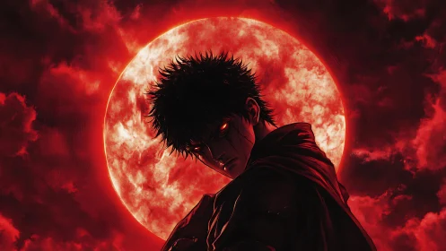 Crimson eclipsed moon behind brooding cloaked anime antihero