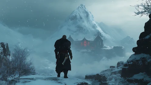Warrior crosses frozen valley toward red-lit mountain keep.