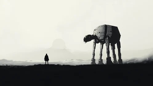 Solitary figure confronting colossal sci‑fi walker silhouette.