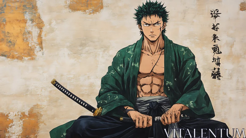 Stoic green-haired samurai waits in calm, battle-worn silence