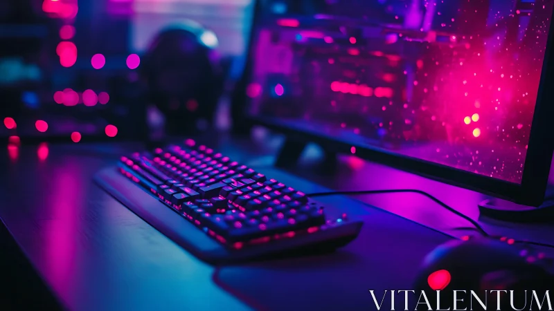 Neon lit gaming desk glows with colorful late night energy