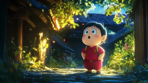 Curious child explores glowing village lane at golden hour.