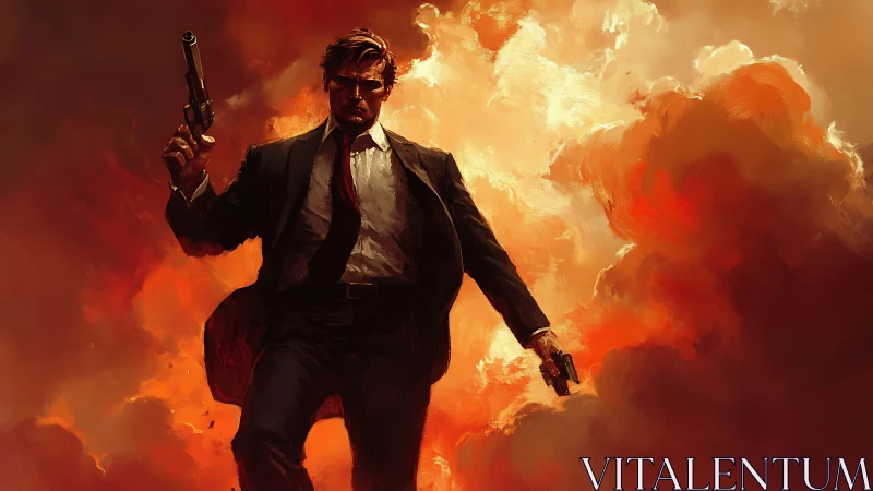 Gunmetal gentleman strides through molten sunset chaos.