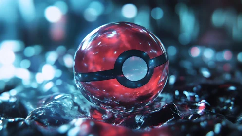 Hyper-realistic Poké Ball on Wet Surface with Neon Lighting.