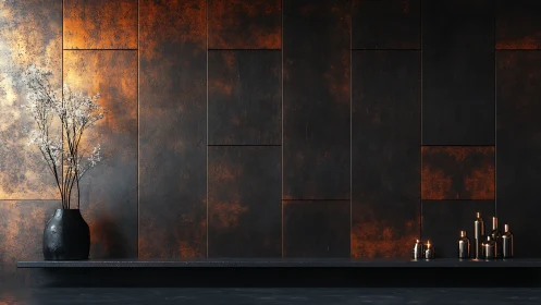 Minimalist black shelf with copper wall panels and decor.