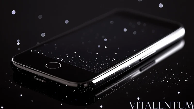 Smartphone on black surface with reflective bokeh dust glow.