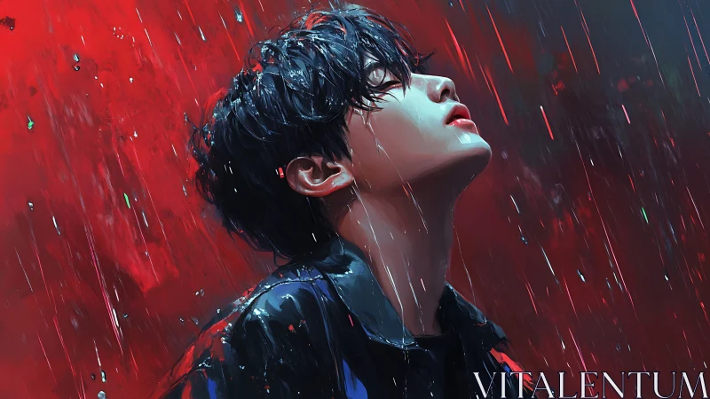 Profile portrait of youth in stylized red rain with glossy specular highlights