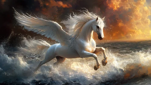 Pegasus soaring above storm-lit oceanic waves at dusk.