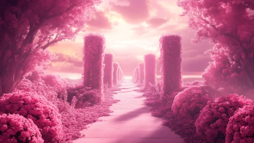 Iridescent pink garden avenue under luminous sky. Period.