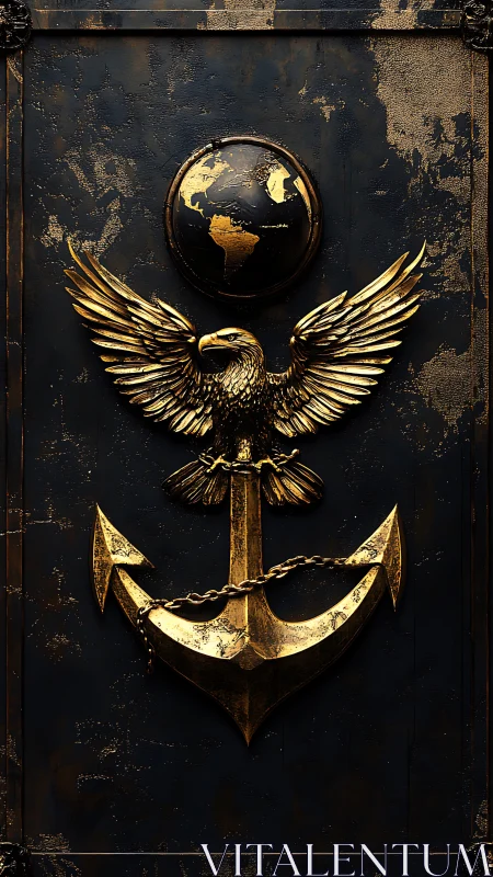 Gilded eagle anchor crest under patinated global relief emblem.