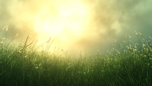 Backlit meadow grasses under diffuse golden morning atmosphere.
