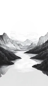 Monochrome alpine fjord recedes toward a diffused sunrise