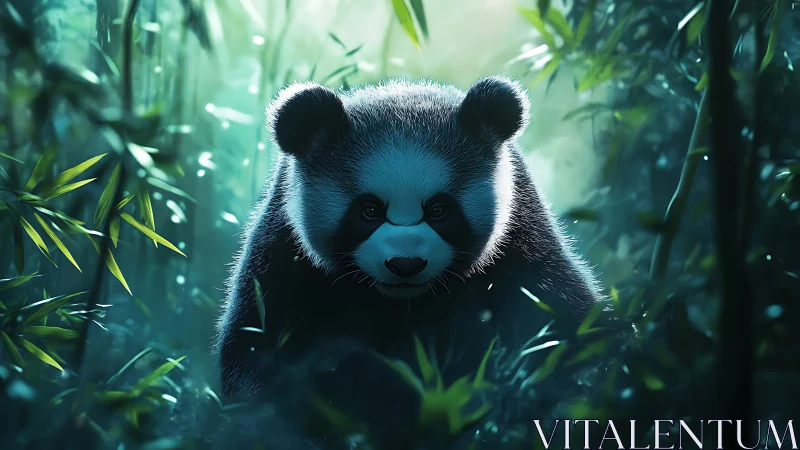 Juvenile panda advances through misted bamboo forest light