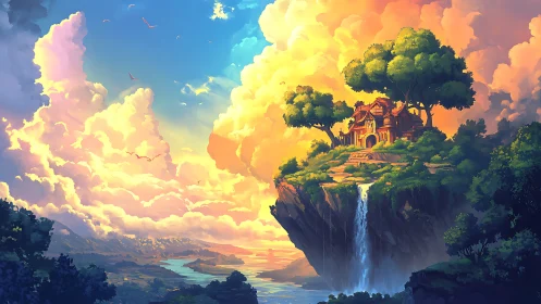 Floating Manor Beneath Golden Clouds at Sunrise.