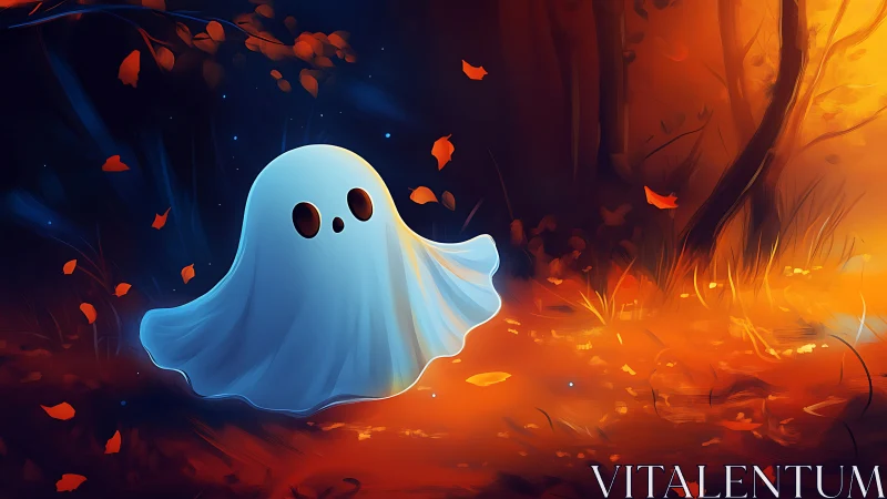 Playful little ghost drifting through glowing autumn woods.