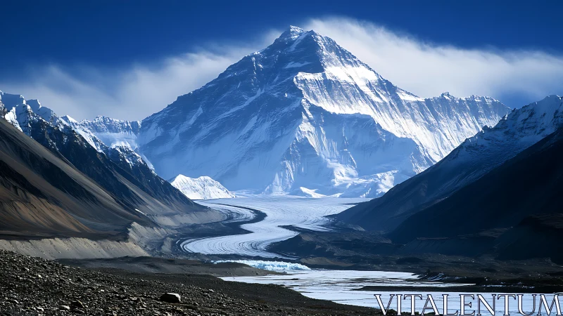 Majestic snowcapped peak rising above a calm glacier valley.