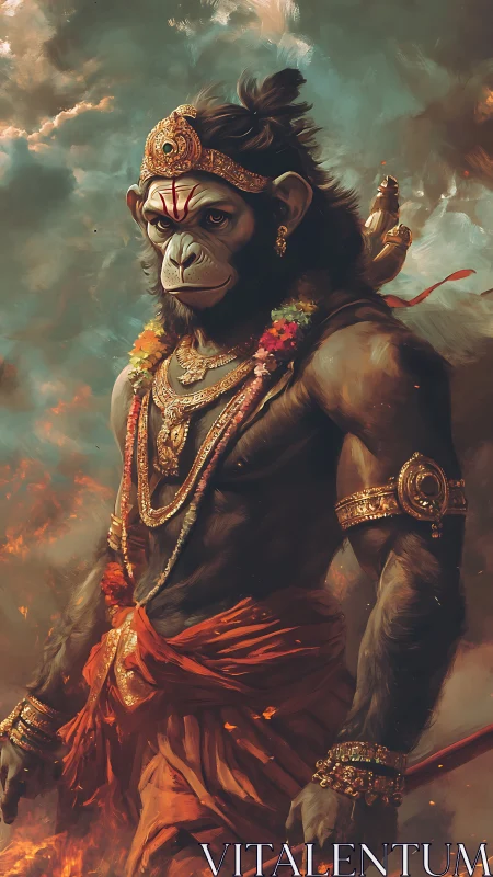 Majestic warrior monkey stands tall in swirling sacred fire