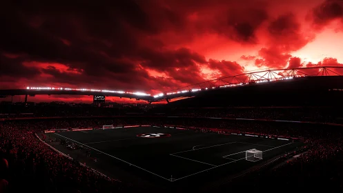 Floodlit football stadium under dense red clouded sky