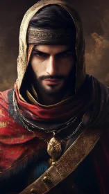 Hooded figure in ornate garments is rendered in close portrait