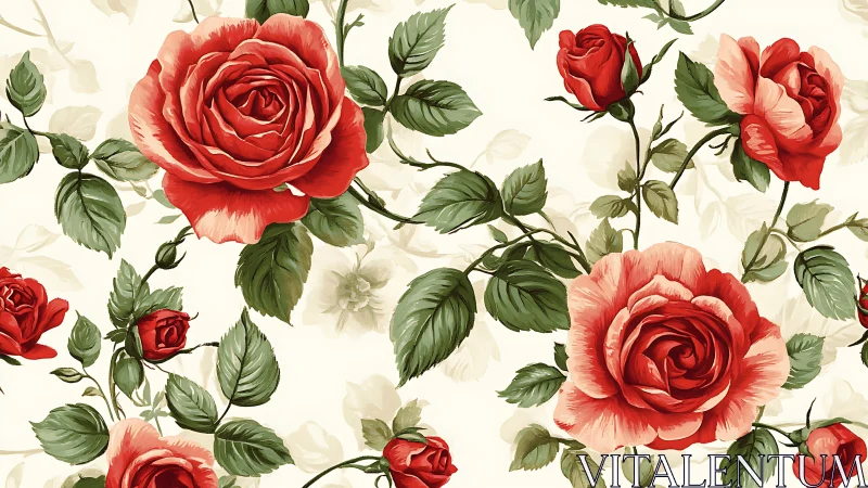Red and cream roses with foliage on neutral background