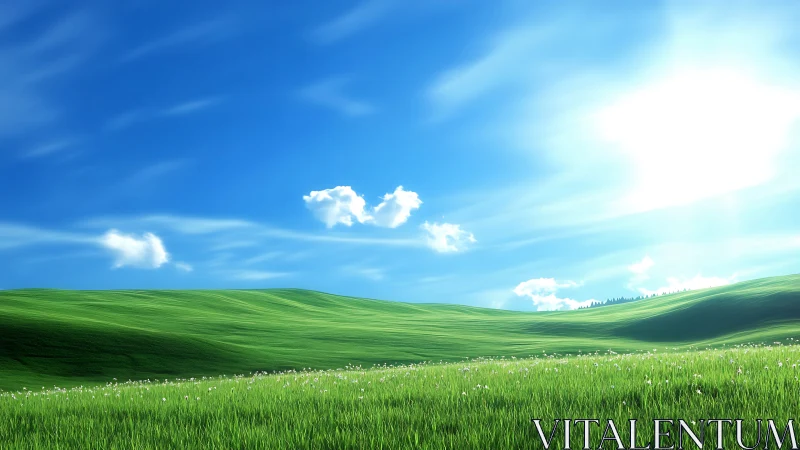 Sunlit green hills under vivid clear blue summer sky.