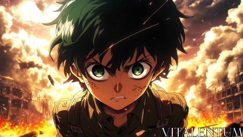 Young anime soldier stands amid burning urban ruins