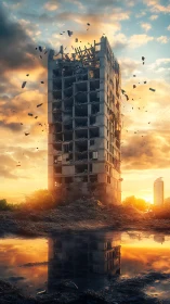 Derelict tower collapses at sunset over reflective water.