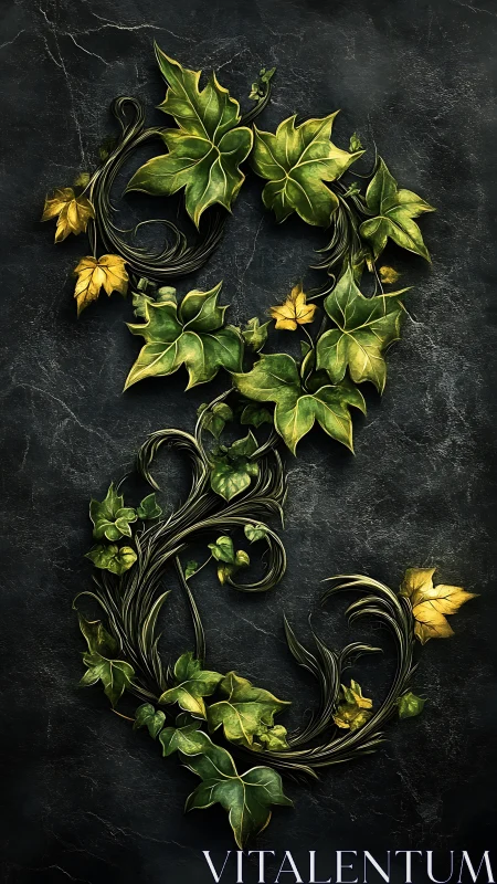 Ivy ampersand shaped vine on dark textured stone background.