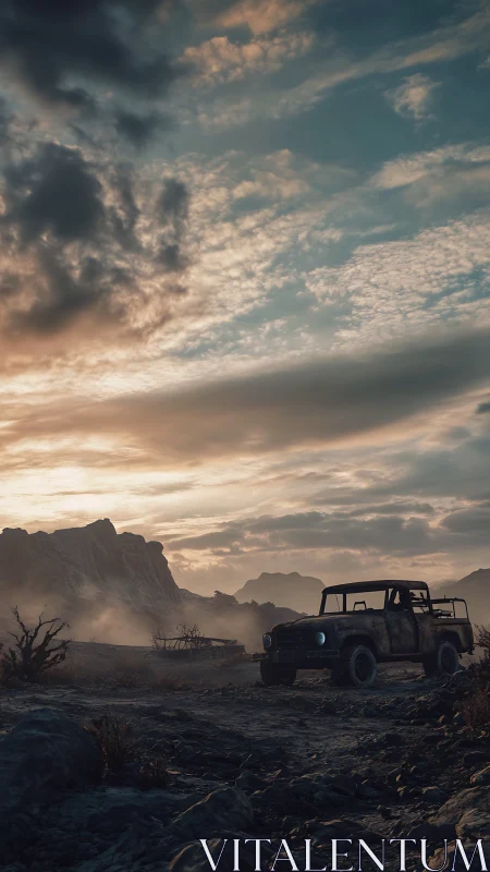 Old utility truck is parked on a rocky desert track