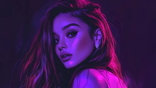 Neon-lit portrait of a thoughtful woman in glowing colors.